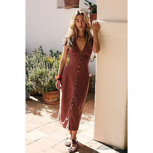 Free People New In Town Midi Dress Brown Large - Picture 2 of 2